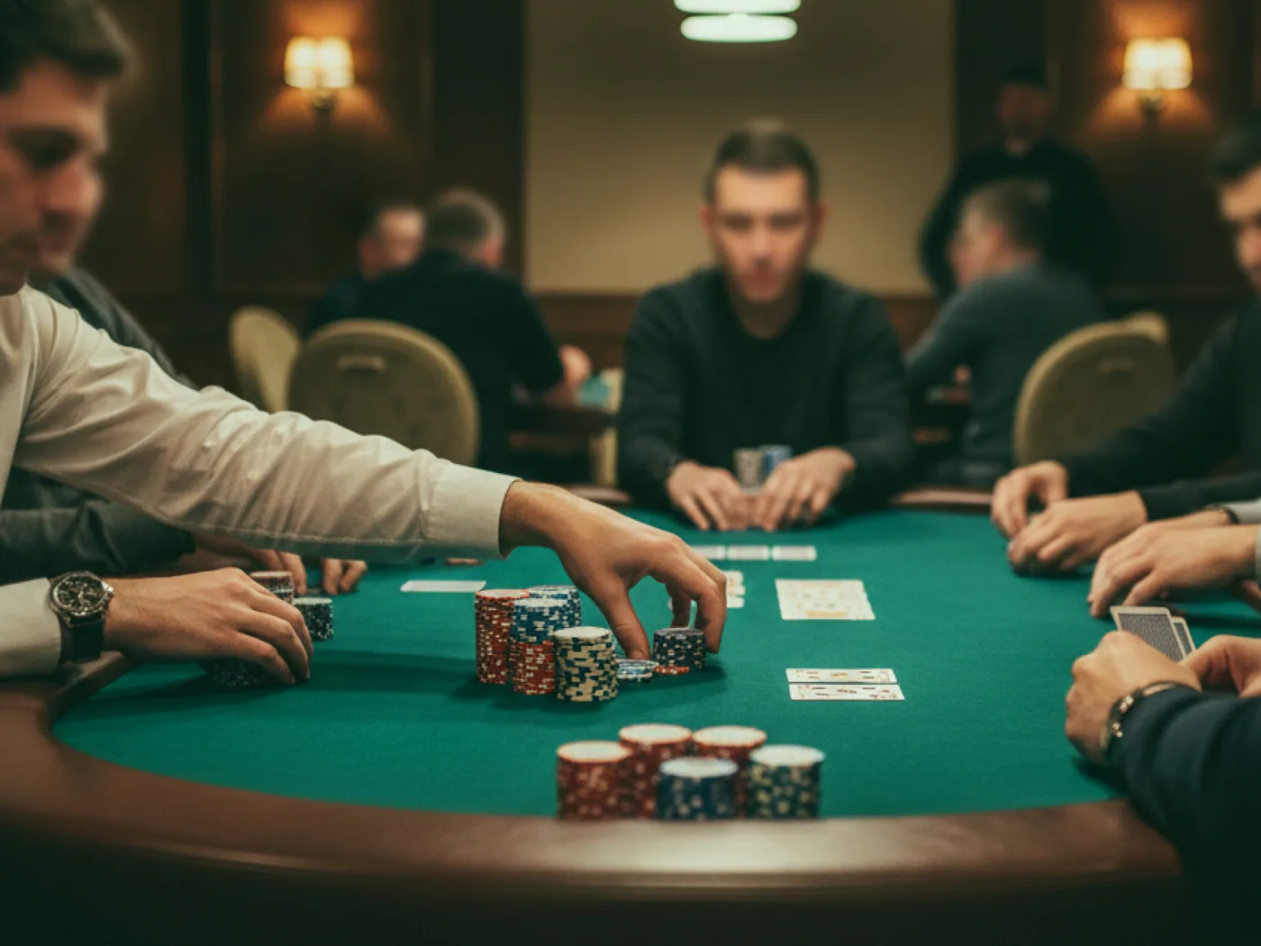 A dealer laying out a hand of five hundred on green felt.