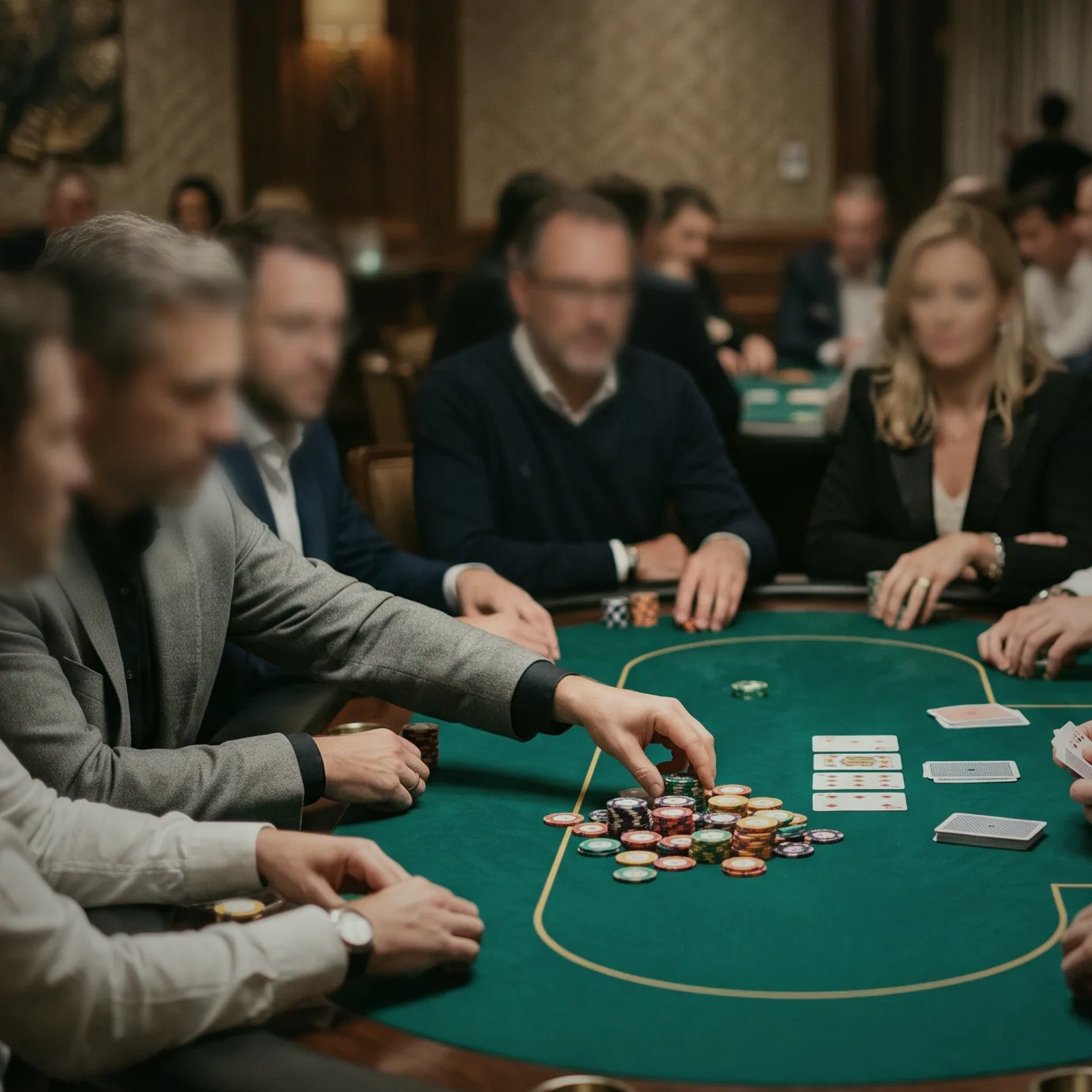 A card table at Sunset Jetty Rooms, chips arranged along the rail.