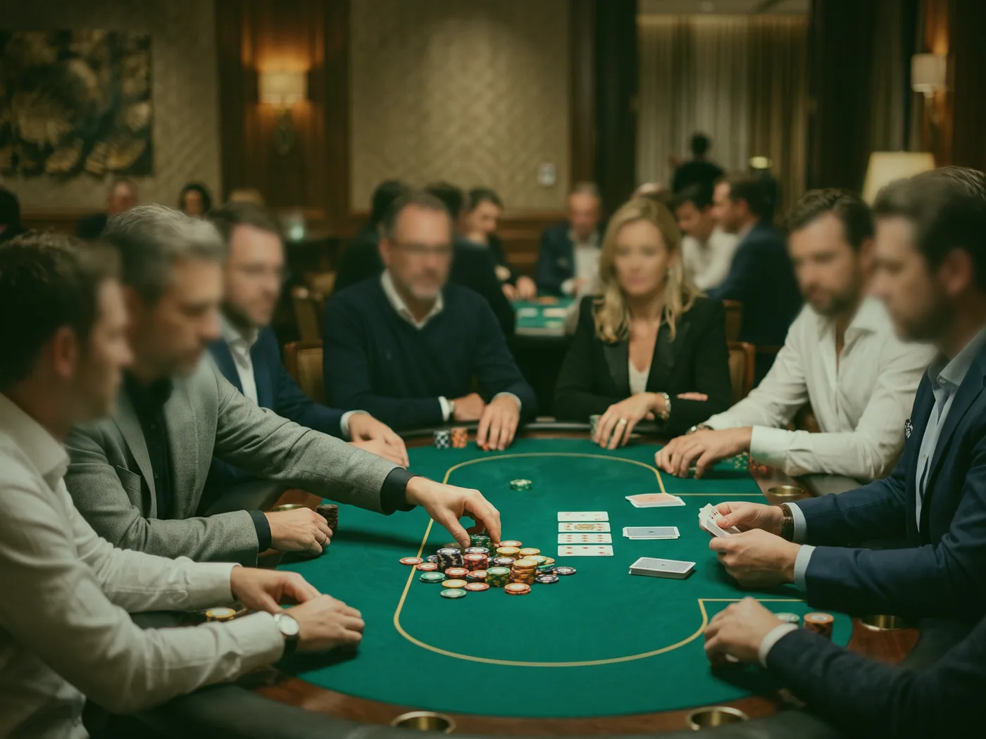A card table at Sunset Jetty Rooms, chips arranged along the rail.